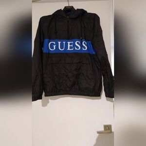 GUESS Men's Black Windbreaker with Blue Accent